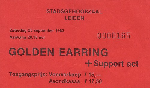Golden Earring show ticket#165 September 25, 1982 Leiden - Stadsgehoorzaal